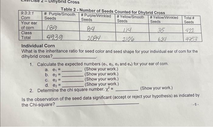 What is the inheritance ratio for seed color and seed shape for your individual ear of corn for the dihybrid cross?
1. Calcul