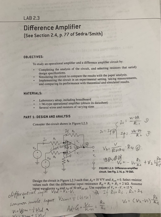 LAB 2.3 Difference Amplifier (See Section 2.4, p. 77 | Chegg.com