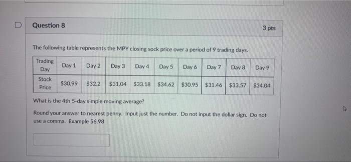 Solved D Question 8 3 pts The following table represents the | Chegg.com