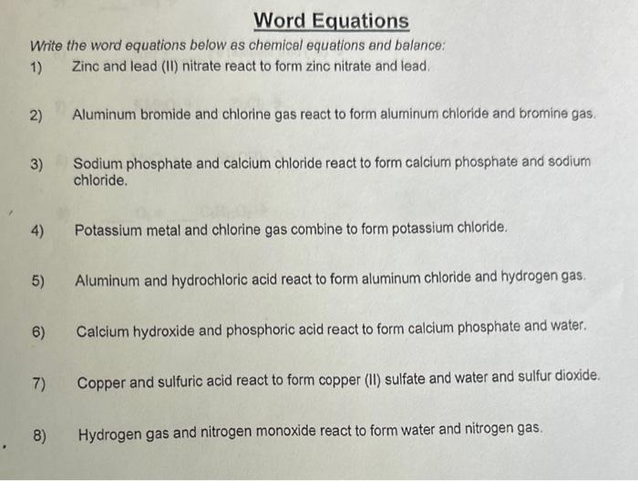 Solved Word Equations Write the word equations below as
