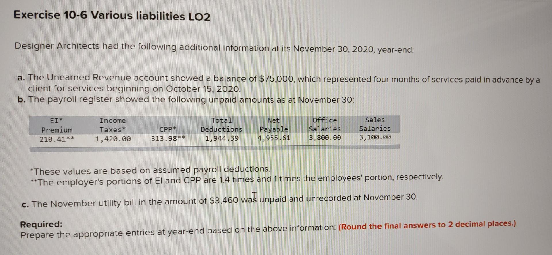 Solved Exercise 106 Various liabilities LO2 Designer