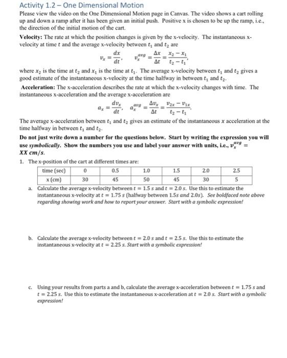 Activity 1.2 - One Dimensional Motion Please view the | Chegg.com