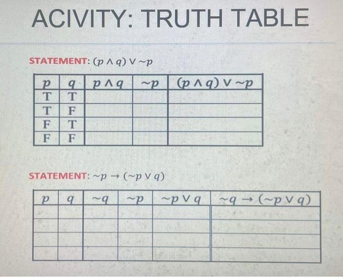 Solved ACIVITY: TRUTH TABLE STATEMENT: (p∧q)∨∼p | Chegg.com