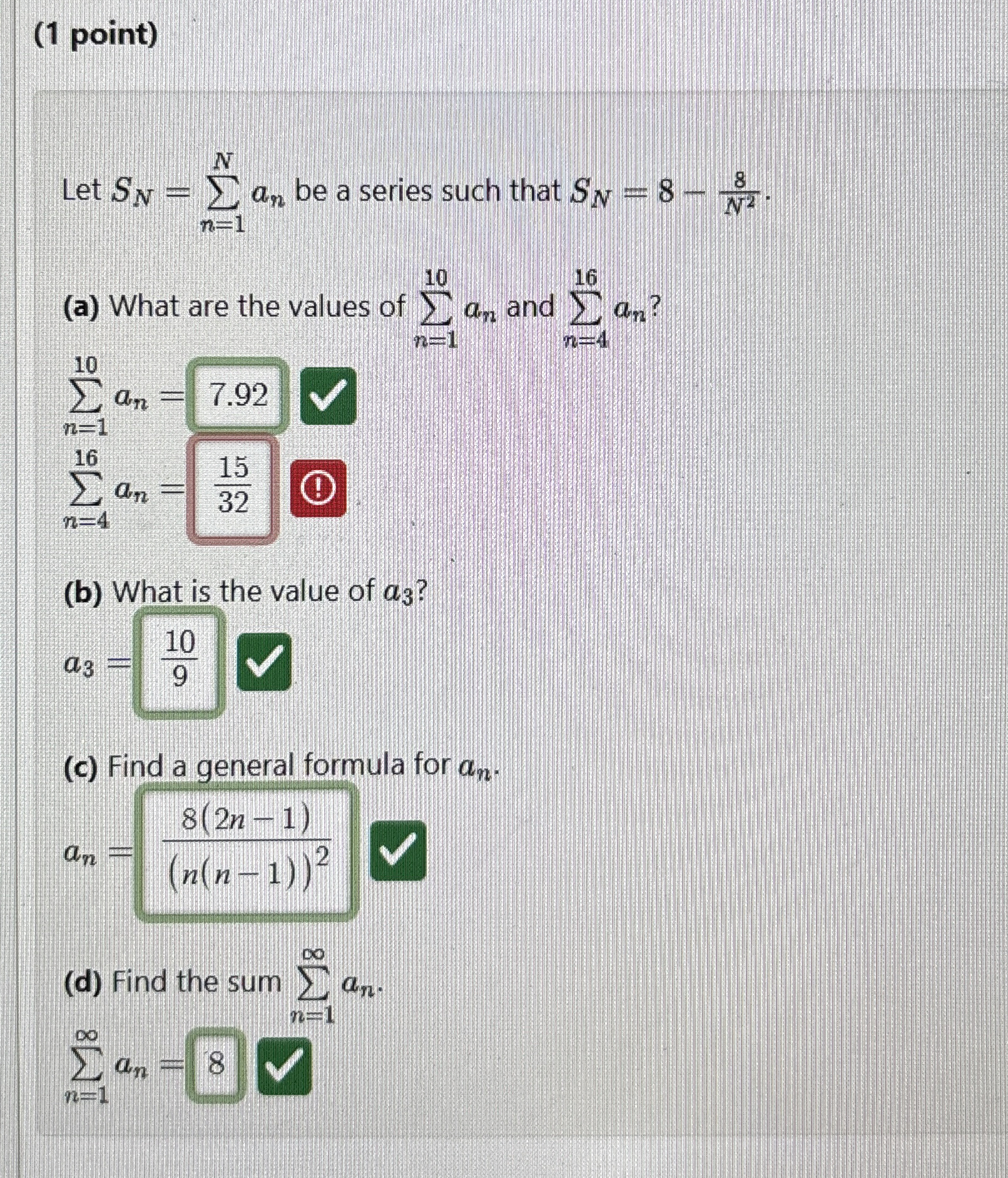 Solved (1 ﻿point)Let SN=∑n=1Nan ﻿be a series such that | Chegg.com