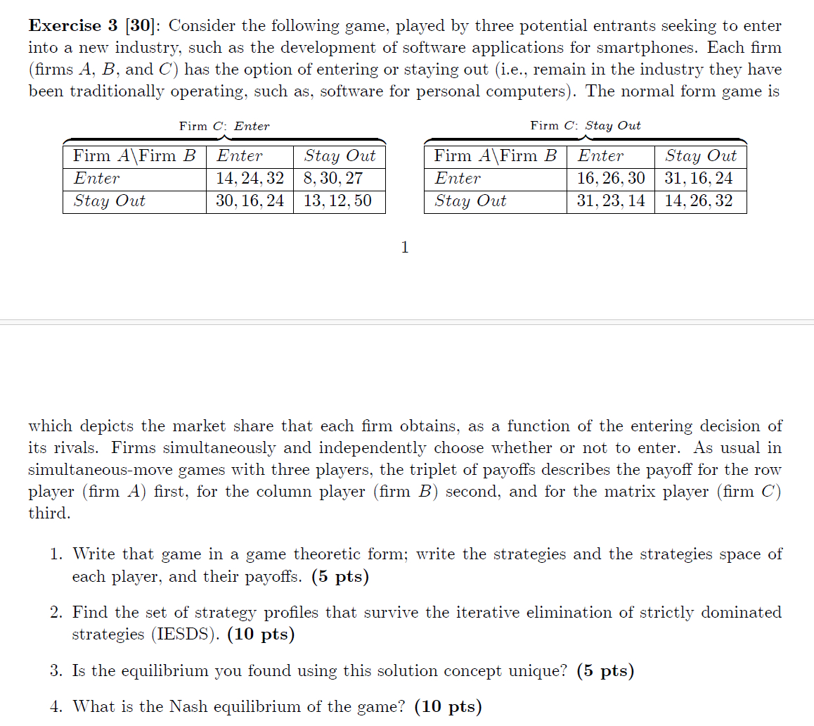 Solved game theoryExercise 3 [30]: Consider the following | Chegg.com