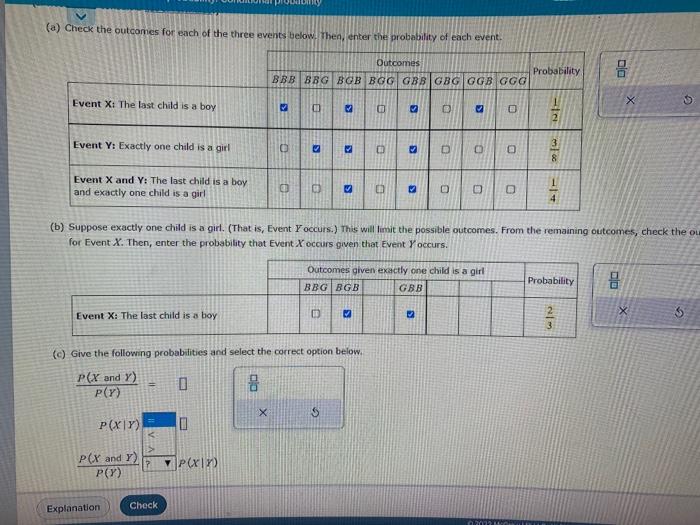 Solved (a) Check the outcomes for each of the three events | Chegg.com