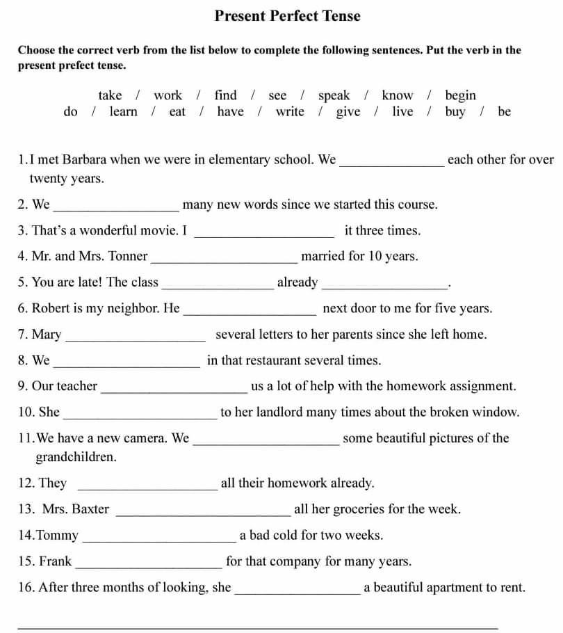 Solved Present Perfect Tense Choose The Correct Verb From Chegg