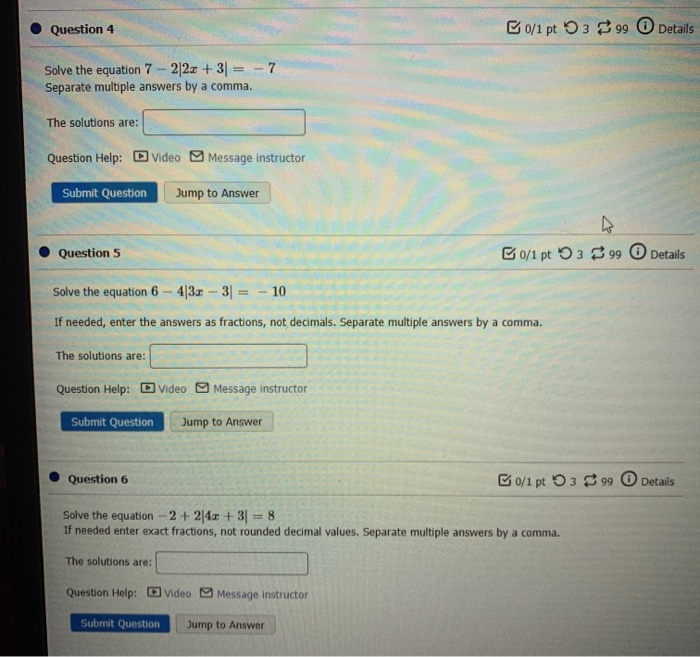 Solved Question 4 0/1 pt 399 Details Solve the equation 7 - | Chegg.com