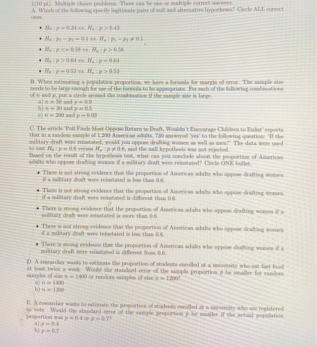 Solved 1(10 pt). Multiple choice problems. There can be one | Chegg.com