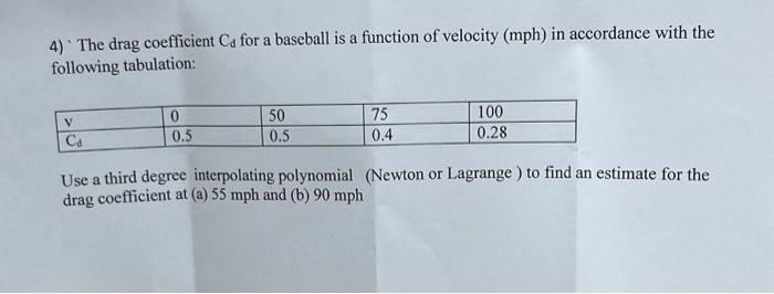 Solved 4) The drag coefficient Cd for a baseball is a | Chegg.com