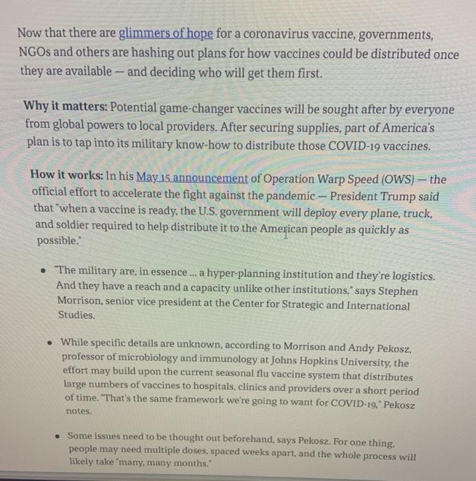 Now that there are glimmers of hope for a coronavirus vaccine, governments, NGOs and others are hashing out plans for how vac