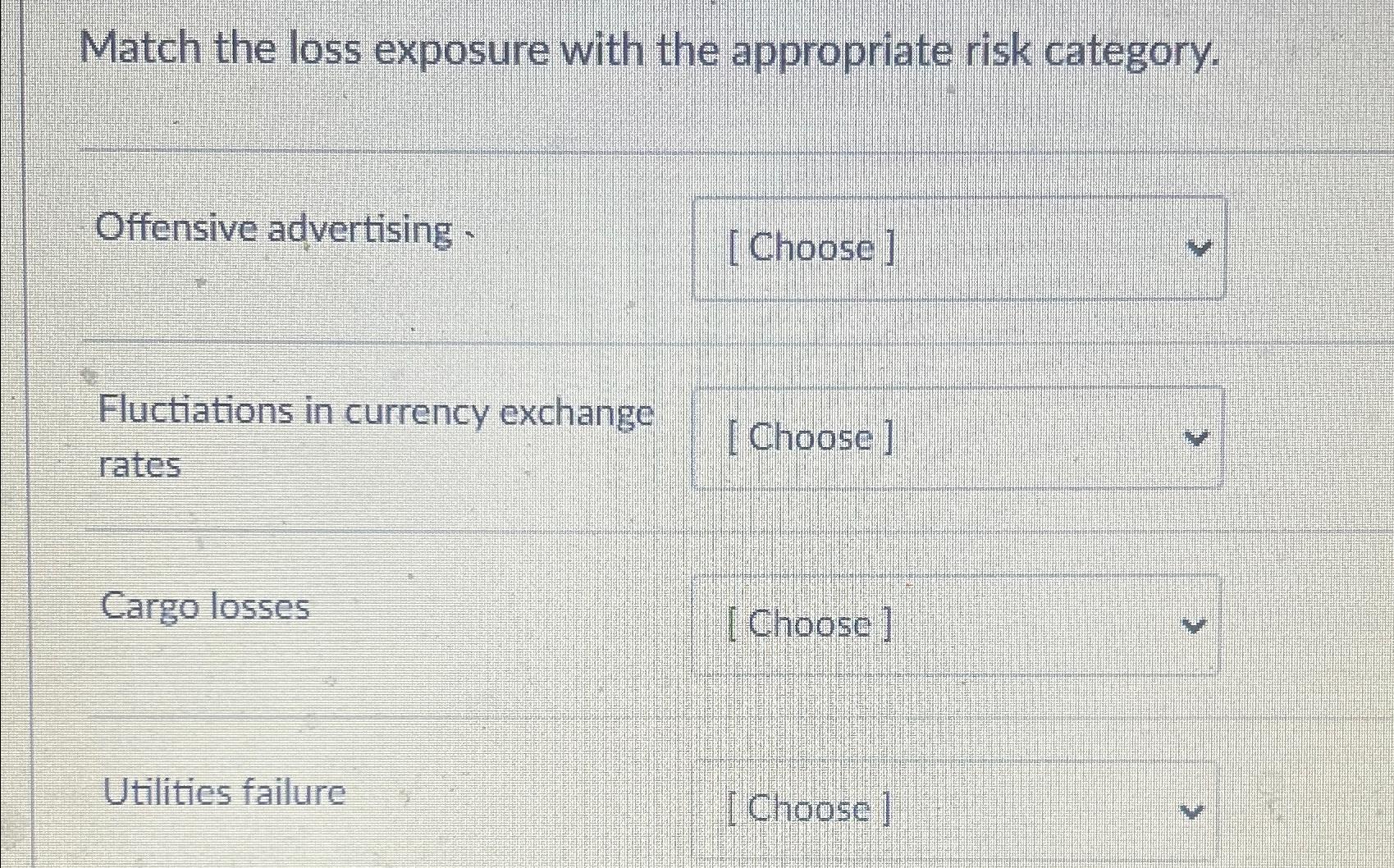 Solved Match the loss exposure with the appropriate risk | Chegg.com