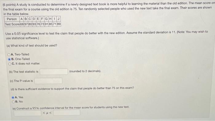 Solved (6 points) A study is conducted to determine if a | Chegg.com