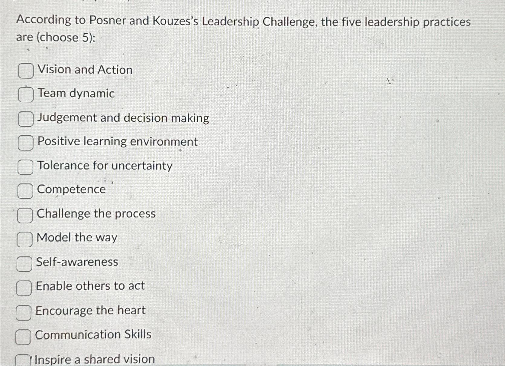 Solved According to Posner and Kouzes's Leadership | Chegg.com