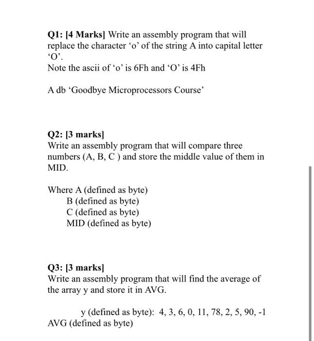 Solved Q1: [4 Marks) Write an assembly program that will | Chegg.com