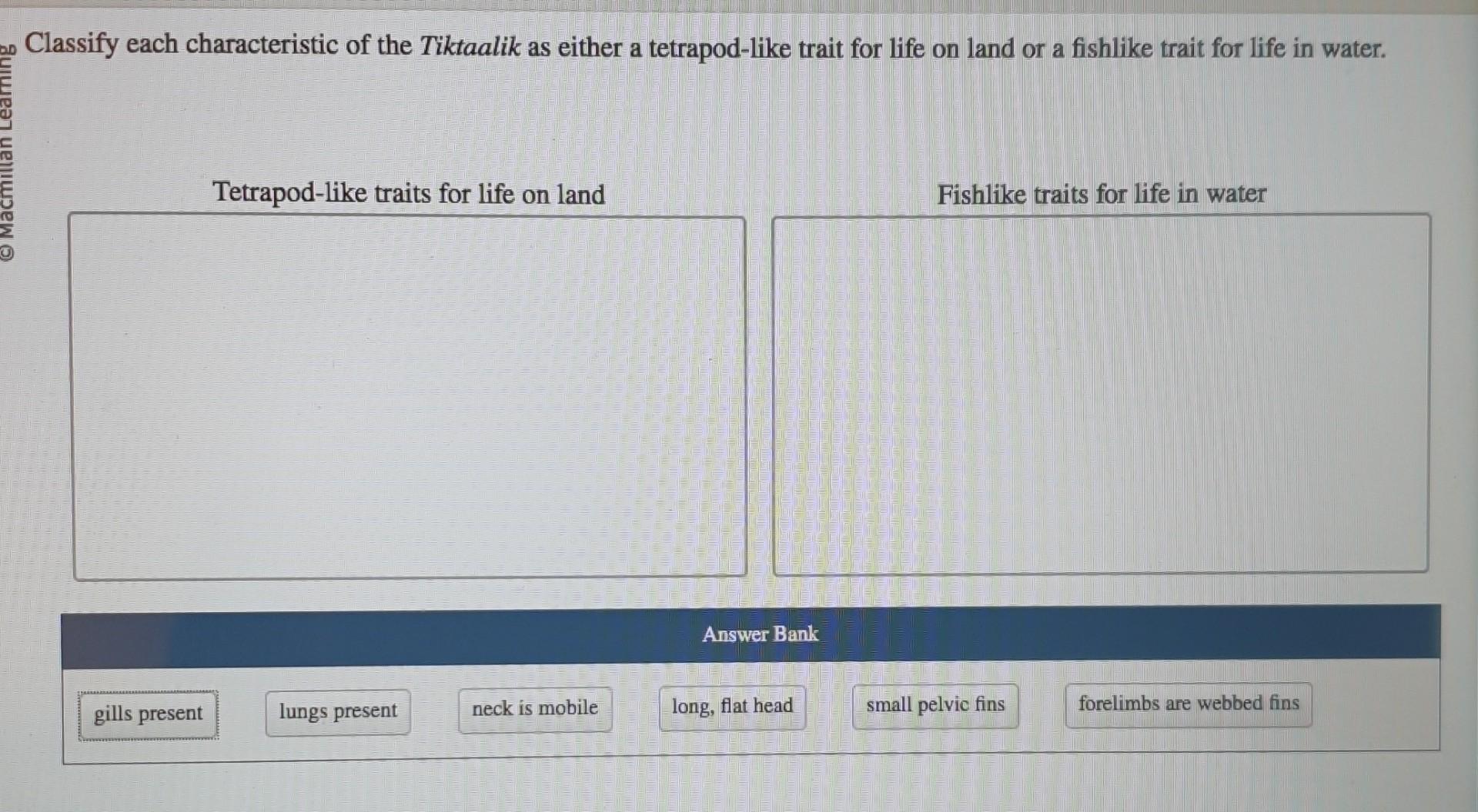Solved Classify each characteristic of the Tiktaalik as | Chegg.com