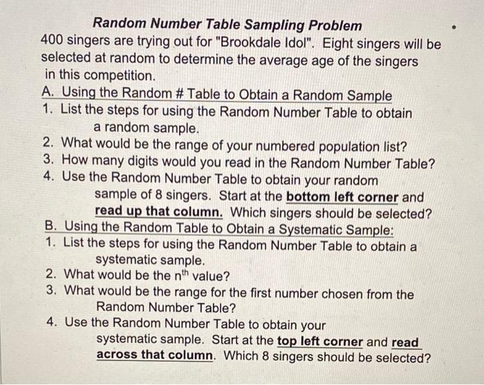 Solved Random Number Table Sampling Problem 400 singers are | Chegg.com