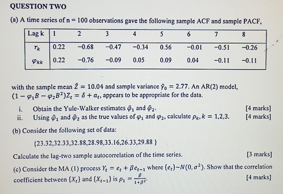Solved (a) A time series of n=100 observations gave the | Chegg.com