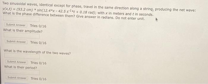 Solved Two sinusoidal waves, identical except for phase, | Chegg.com
