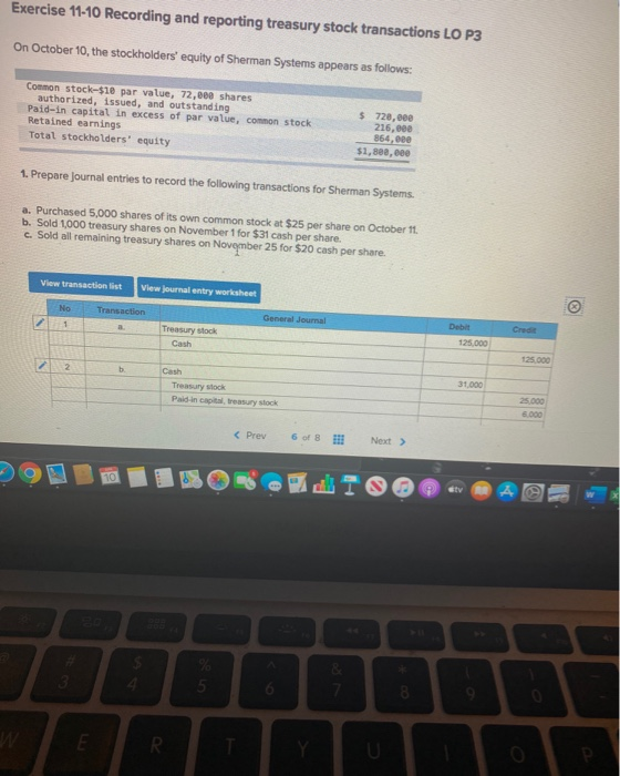 Solved Exercise 11 10 Recording And Reporting Treasury Stock