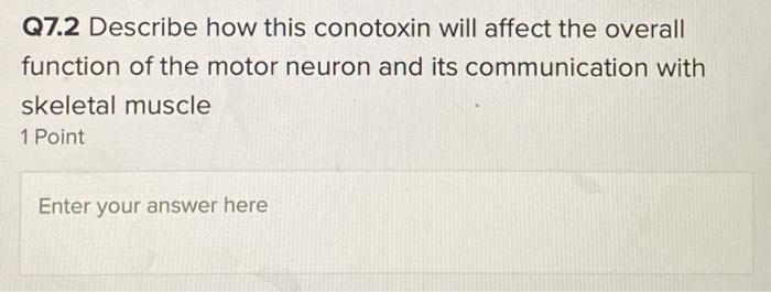 Q7.2 Describe how this conotoxin will affect the overall function of the motor neuron and its communication with skeletal mus