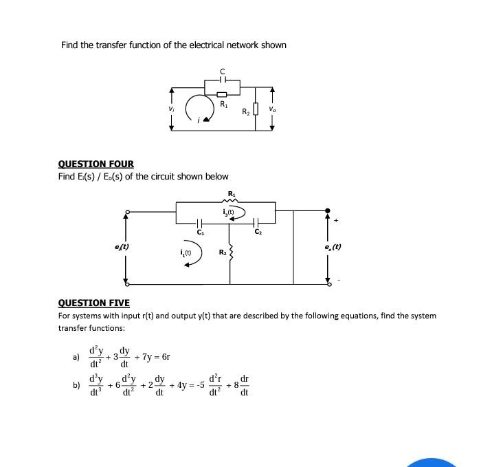 Solved Find the transfer function of the electrical network | Chegg.com