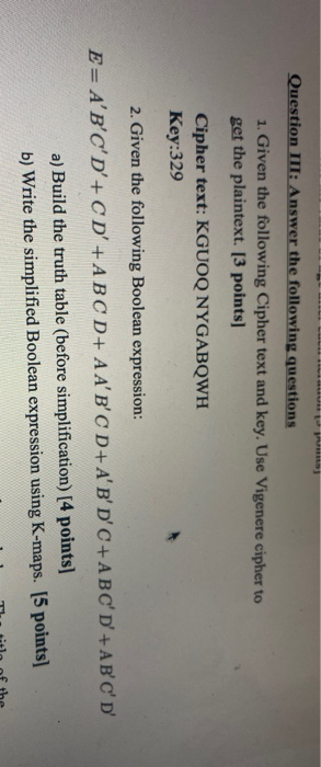 Solved Question III: Answer the following questions 1. Given | Chegg.com