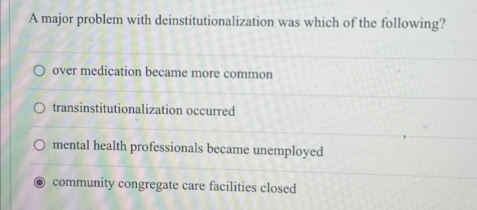 Solved A major problem with deinstitutionalization was which | Chegg.com