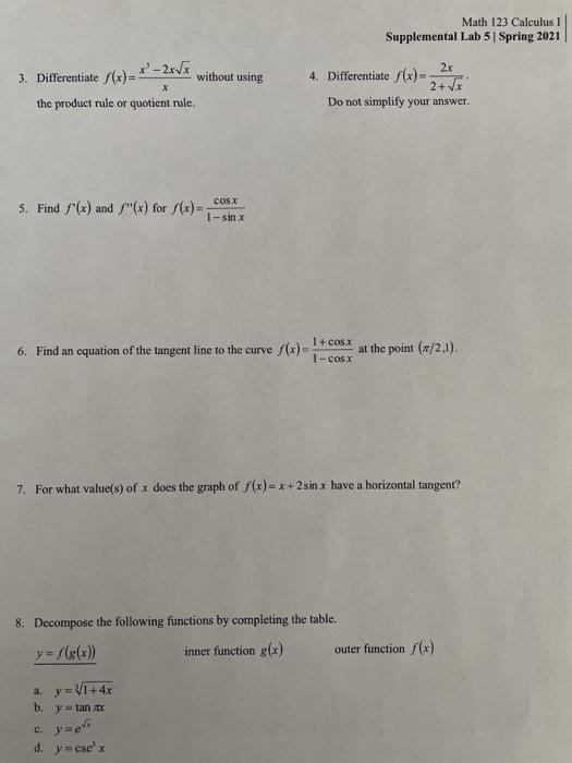 Solved Math 123 Calculus 1 Supplemental Lab 51 Spring 2021 | Chegg.com