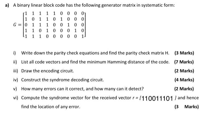 a) A binary linear block code has the following | Chegg.com