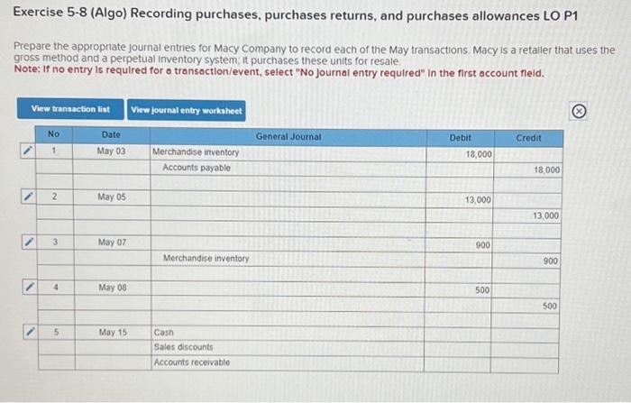 Solved Exercise 5-8 (Algo) Recording purchases, purchases | Chegg.com