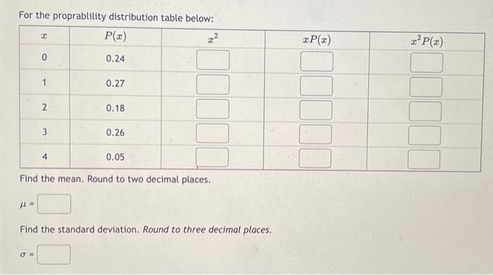 Solved For the proprablility distribution table below: Find | Chegg.com