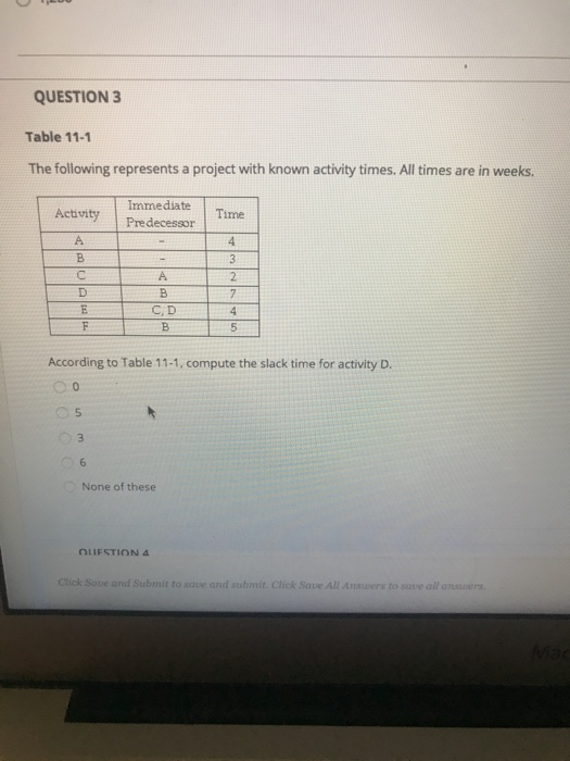 Solved QUESTION 3 Table 11-1 The following represents a | Chegg.com