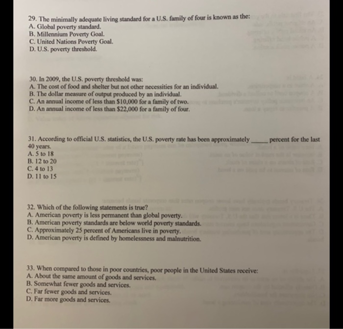 Solved 29. The minimally adequate living standard for a U.S.