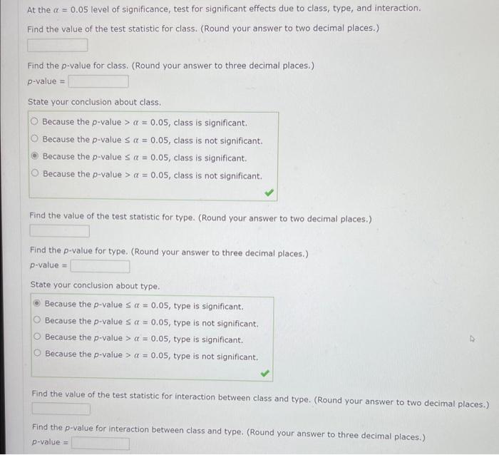 Solved At the α=0.05 level of significance, test for | Chegg.com