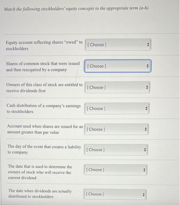 Solved Match the following stockholders' equity concepts to | Chegg.com