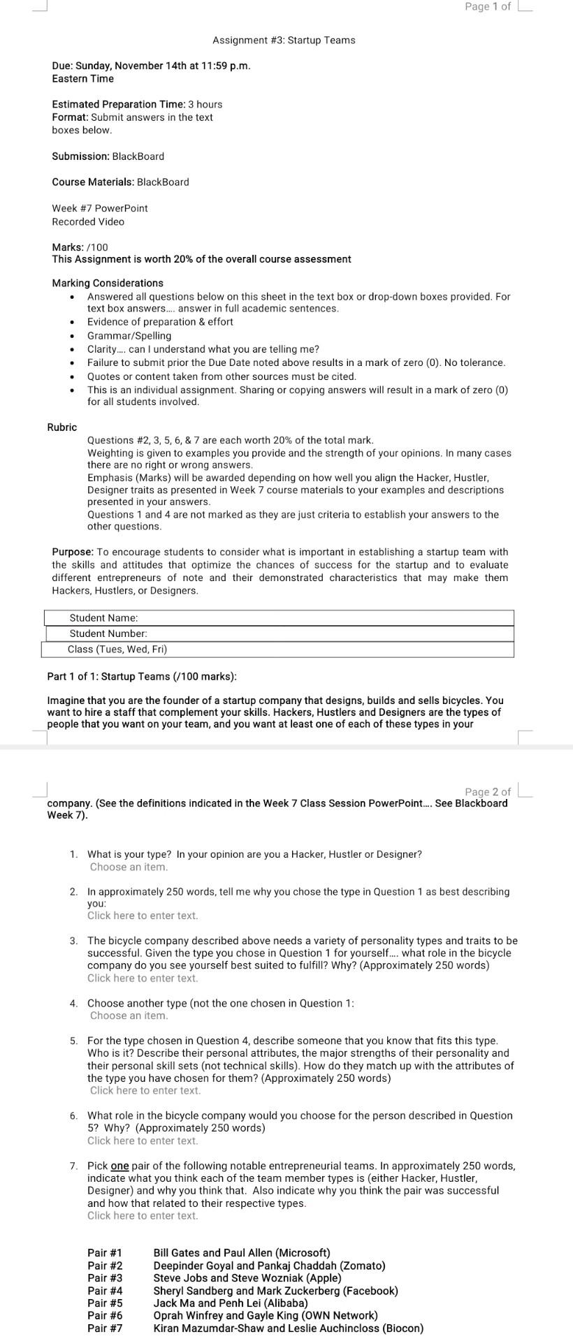 Solved Page 1 of Assignment #3: Startup Teams Due: Sunday, | Chegg.com