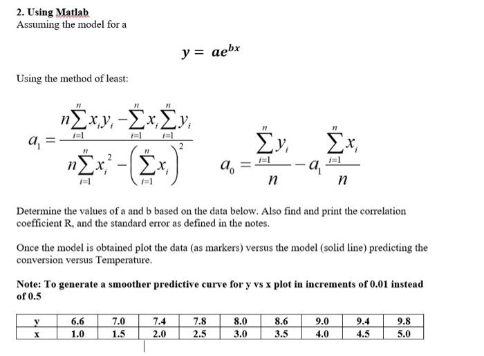 Solved 2. Using Matlab Assuming the model for a y = aebx | Chegg.com