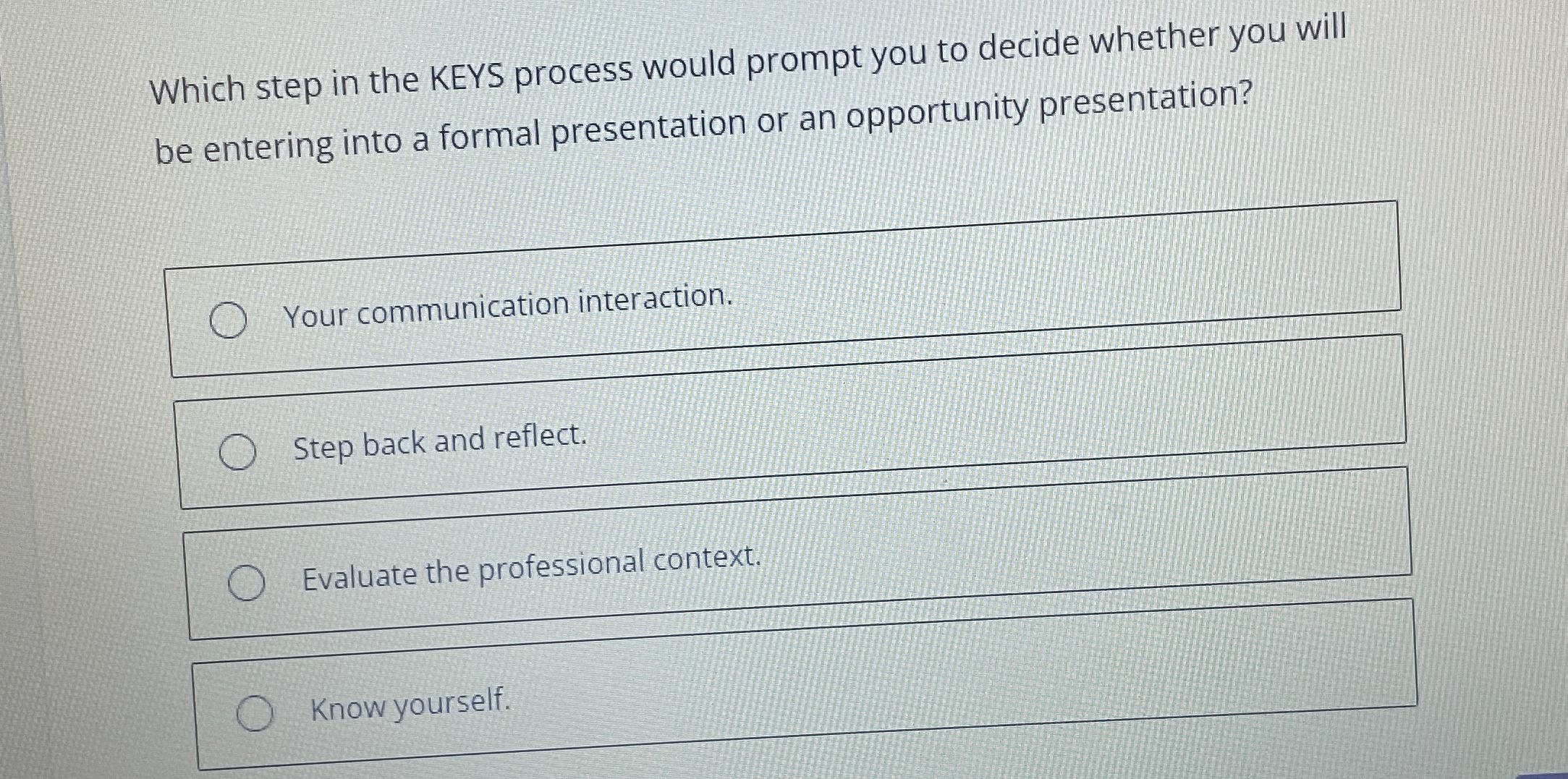 Solved Which step in the KEYS process would prompt you to | Chegg.com