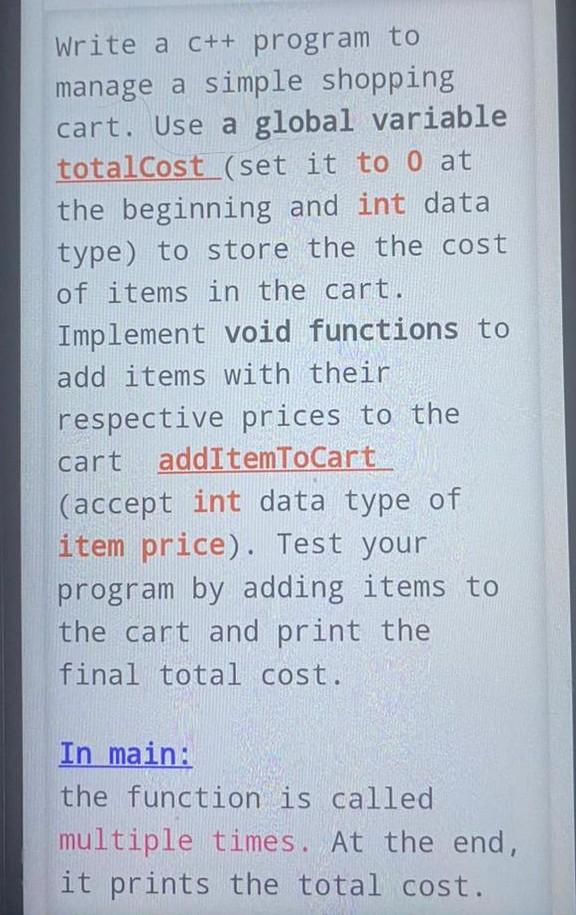 Solved Write a c++ program to manage a simple shopping cart. | Chegg.com