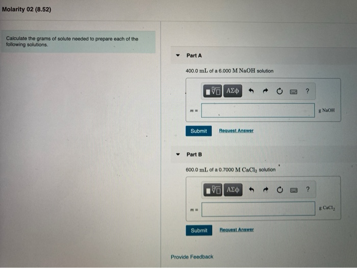 Solved Molarity 02 (8.52) Calculate the grams of solute | Chegg.com