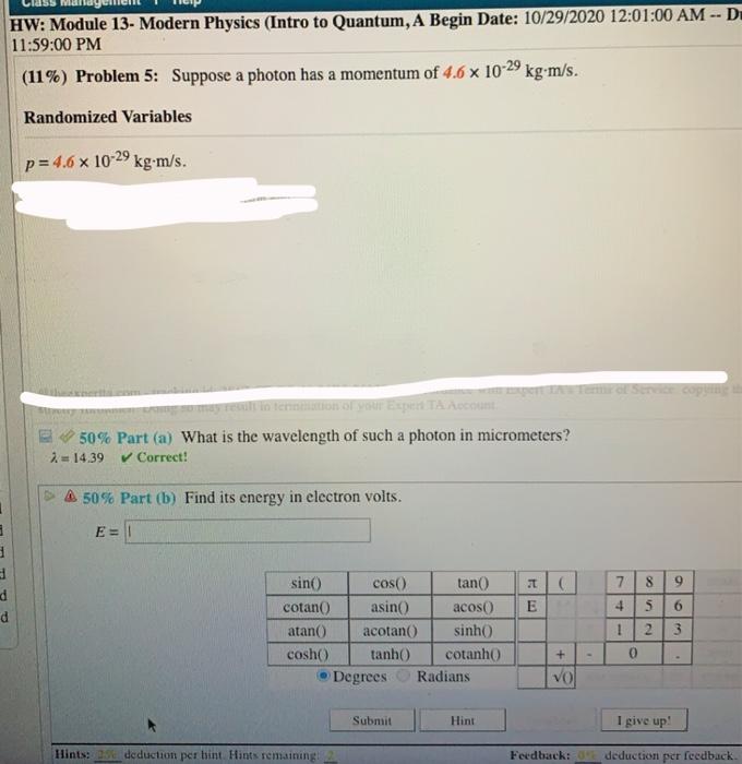 Solved class Me HW: Module 13- Modern Physics (Intro to | Chegg.com