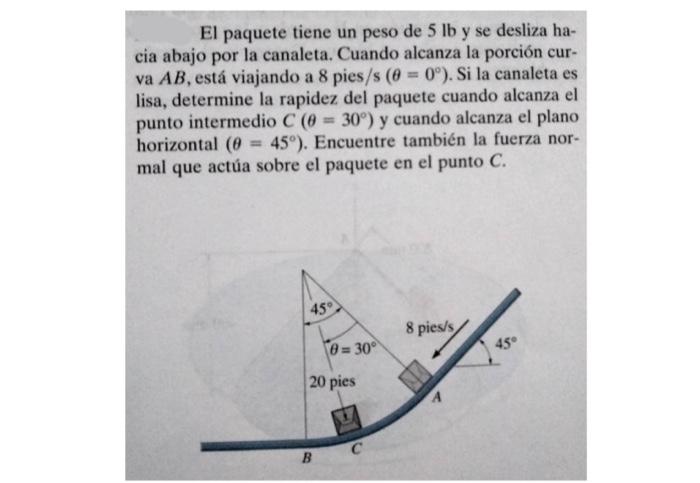 El paquete tiene un peso de \( 5 \mathrm{lb} \) y se desliza hacia abajo por la canaleta. Cuando alcanza la porción curva \(