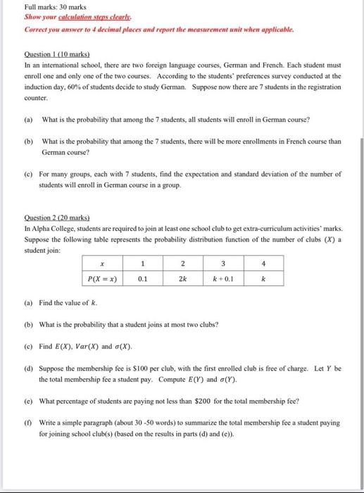 Solved Full marks: 30 marks Show your calculation steps | Chegg.com