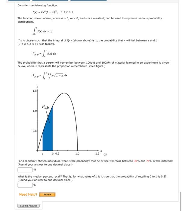 Solved Consider The Following Function F X Kxn 1−x M 0≤x≤1