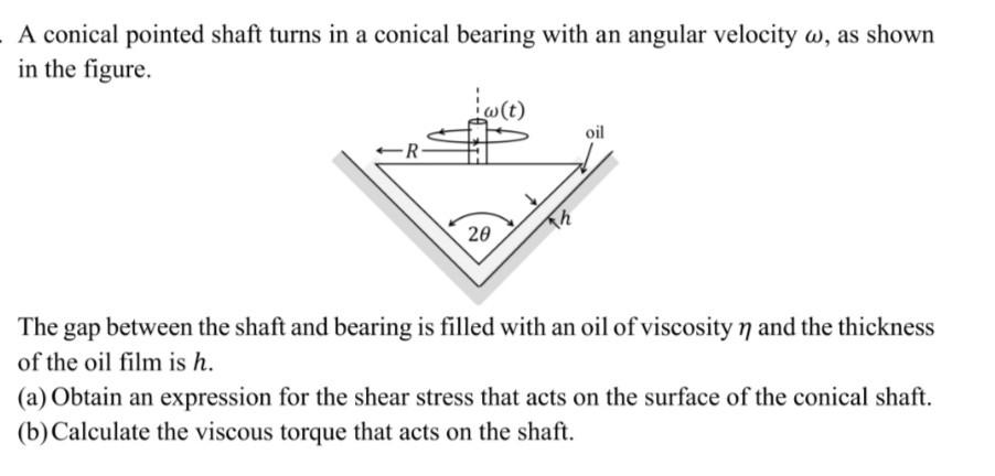 A conical pointed shaft turns in a conical bearing with an angular velocity \( \omega \), as shown in the figure.

The gap be