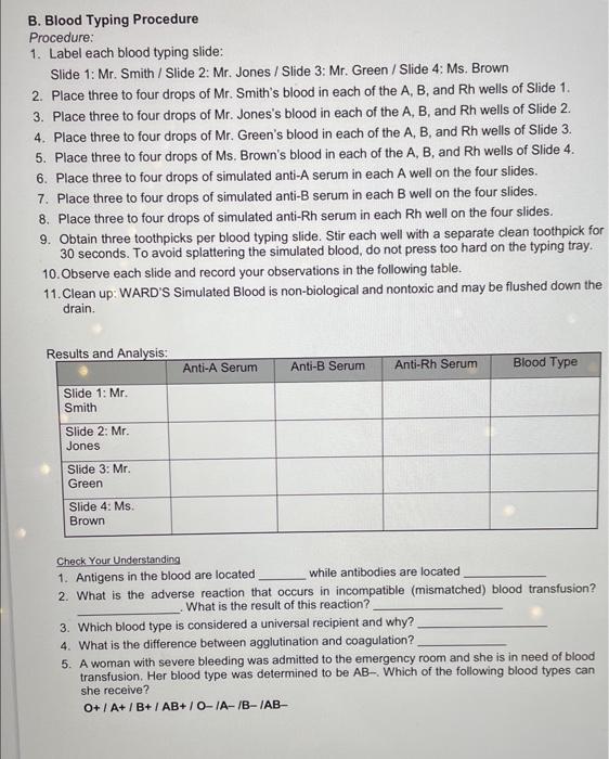 B. Blood Typing Procedure Procedure: 1. Label Each | Chegg.com | Chegg.com