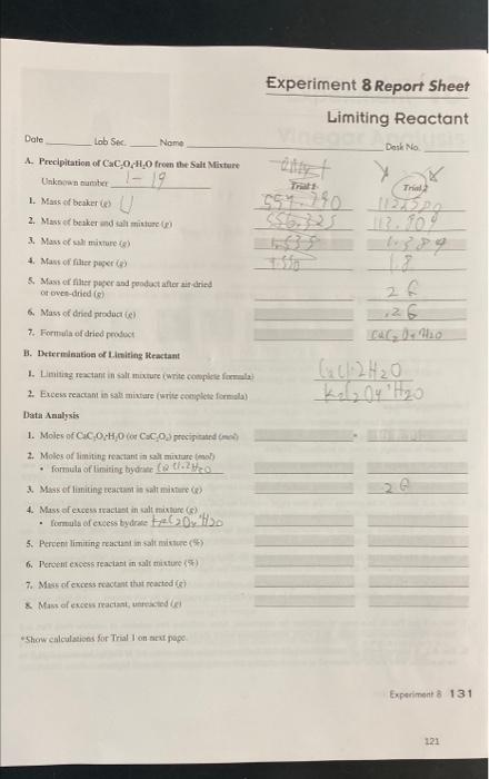 Solved Experiment 8 Report Sheet Limiting Reactant Desk No x | Chegg.com