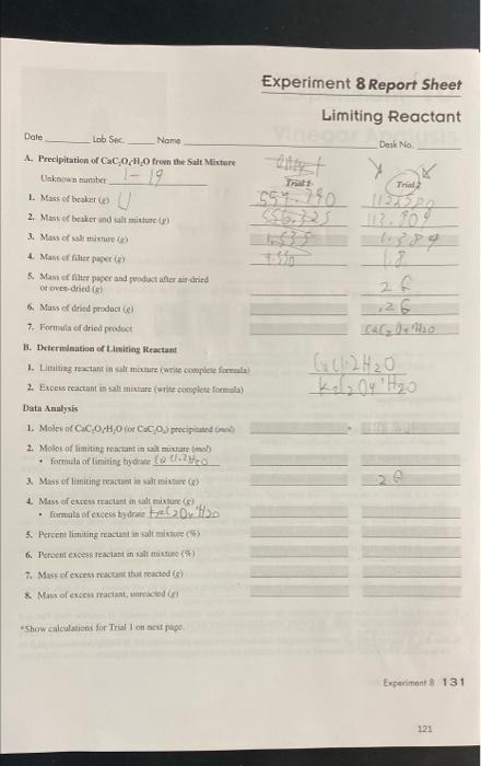 Solved Experiment 8 Report Sheet Limiting Reactant Desk No X | Chegg.com