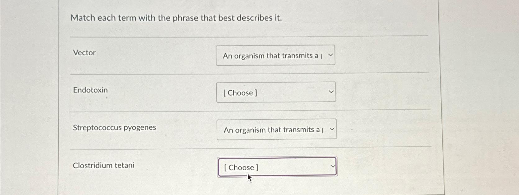 Solved Match each term with the phrase that best describes | Chegg.com